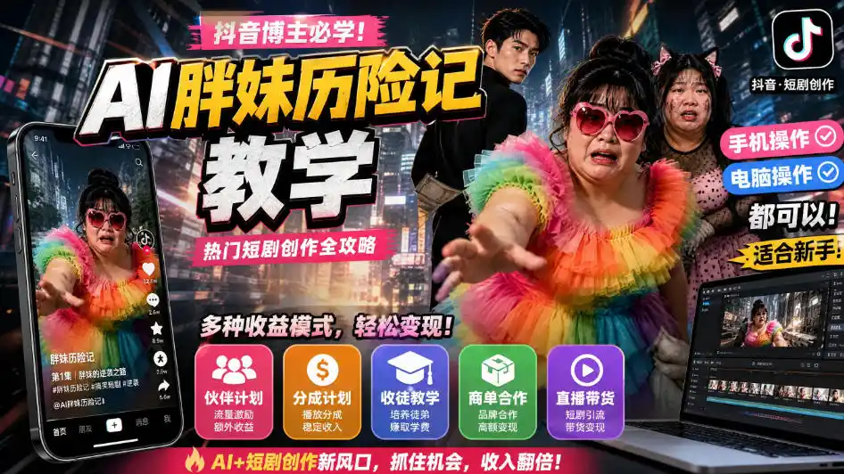 抖音博主的AI胖妹历险记教学,伙伴计划 分成计划 收徒 商单等多种收益,适合新手,手机电脑都可以操作