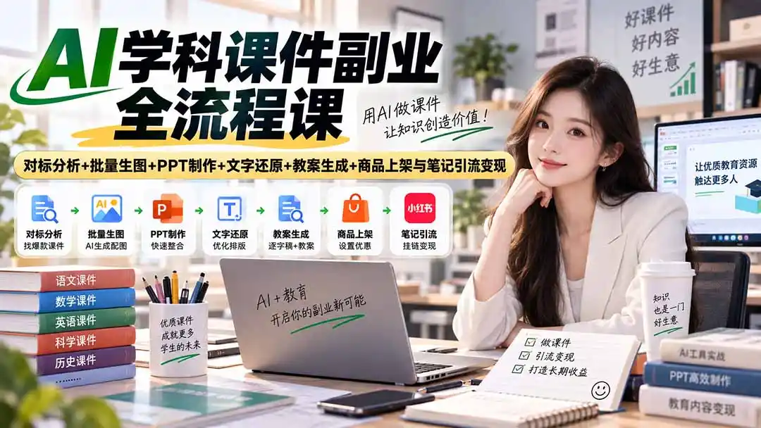 AI学科课件副业全流程课|对标分析 批量生图 PPT制作 文字还原 教案生成 商品上架与笔记引流变现