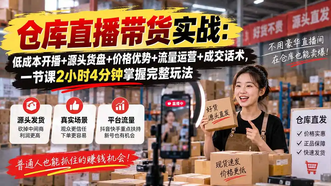 仓库直播带货实战:低成本开播 源头货盘 价格优势 流量运营 成交话术,一节课2小时4分钟掌握完整玩法
