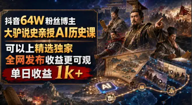 抖音64W粉丝博主大驴说史亲授AI历史课，可以上精选独家，全网发布收益更可观，单日收益1k (更新)