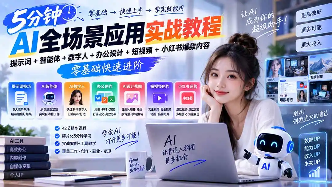AI全场景应用实战教程｜提示词 智能体 数字人 办公设计 短视频 小红书爆款内容，零基础快速进阶
