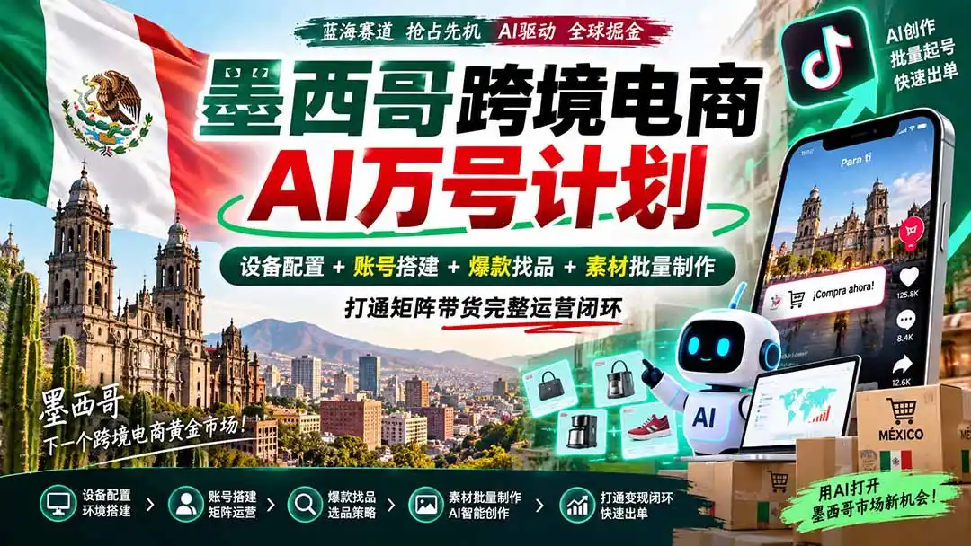 墨西哥AI跨境电商万号计划|设备配置 账号搭建 爆款找品 素材批量制作,打通矩阵带货完整运营闭环