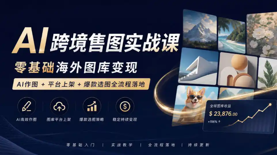 AI跨境售图实战课，零基础海外图库变现，AI作图 平台上架 爆款选图全流程落地