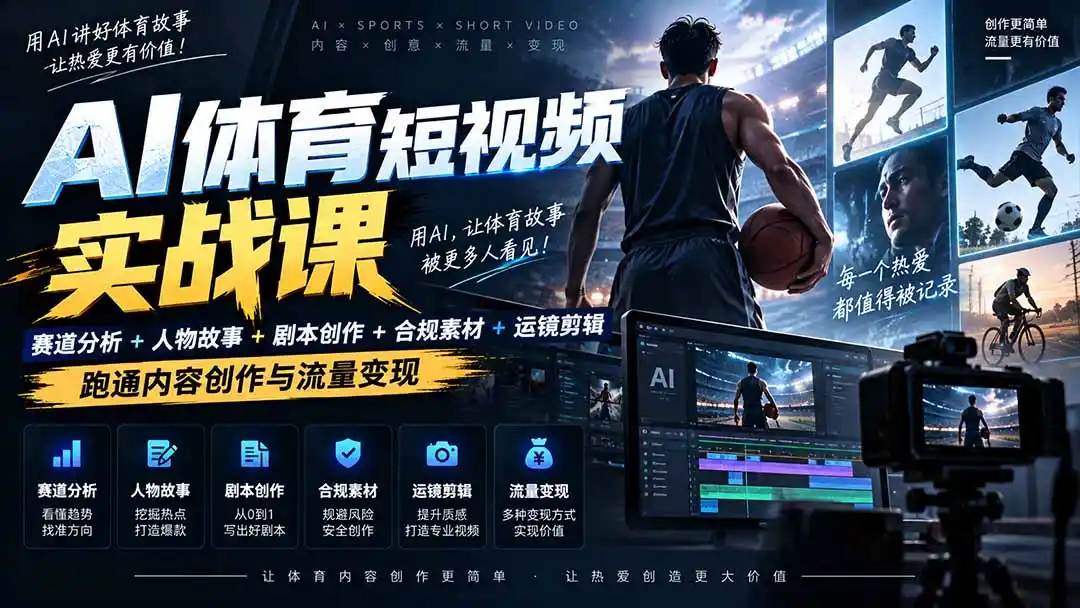 AI体育短视频赛道顶级玩法｜赛道分析 人物故事 剧本创作 版权处理 运镜剪辑，跑通流量变现-日赚1K 