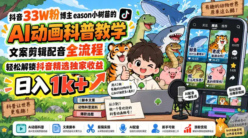 抖音33W粉博主eason小树苗的AI动画科普教学,文案剪辑配音全流程,轻松解锁抖音精选独家收益,日入1k