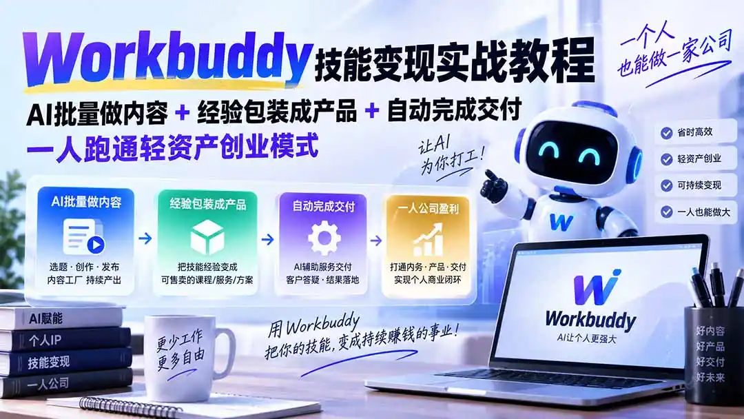 Workbuddy技能变现实战教程:AI批量做内容 经验包装成产品 自动完成交付,一人跑通轻资产创业模式