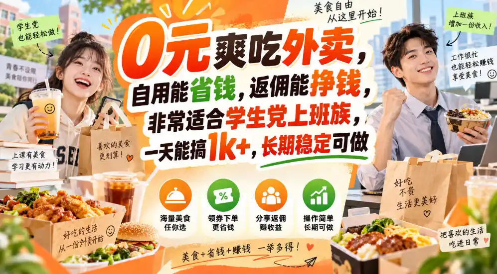 0元爽吃外卖，自用能省钱，返佣能挣钱，非常适合学生党上班族，一天能搞1k ，长期稳定可做