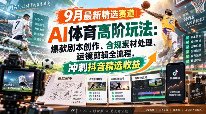 某大佬的9月最新精选赛道之AI体育顶级玩法,爆款剧本创作、版权规避、运镜剪辑全流程,稳拿抖音精选收益
