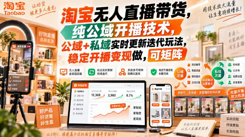 淘宝无人直播带货,纯公域开播技术,公域 私域实时更新迭代玩法,稳定开播变现做,可矩阵【揭秘】