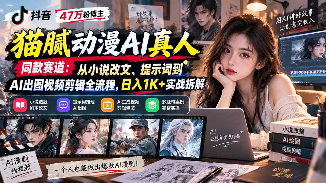 抖音47万粉博主猫腻动漫AI真人同款赛道:从小说改文、提示词到AI出图视频剪辑全流程,日入1K 实战拆解