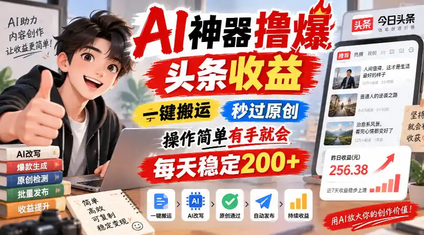 AI神器撸爆头条收益，一键搬运，秒过原创，操作简单有手就会，每天稳定200 【揭秘】
