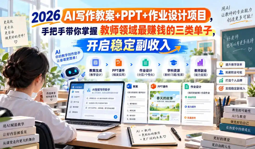 2026 AI写作教案 PPT 作业设计项目,手把手带你掌握教师领域最賺钱的三类单子,开启稳定副收入