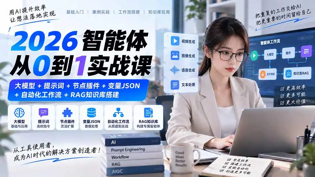 2026智能体从0到1实战课｜大模型 提示词 节点插件 变量JSON 自动化工作流 RAG知识库搭建
