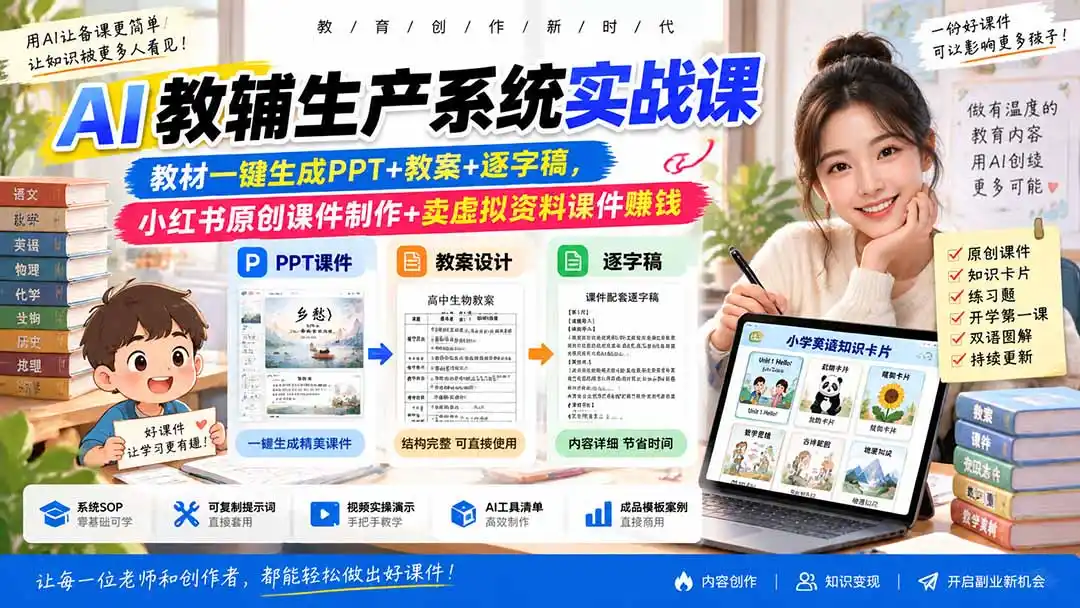 AI教辅生产系统实战课｜教材一键生成PPT 教案 逐字稿，小红书原创课件制作 卖虚拟资料课件赚钱