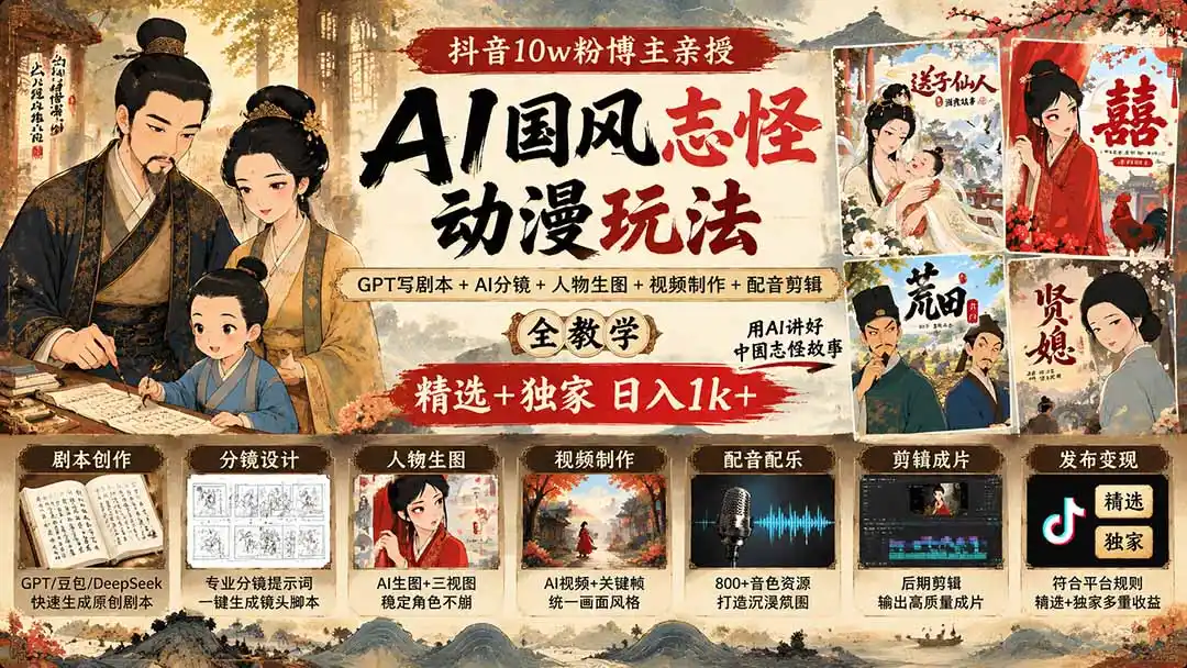 抖音10w粉博主亲授AI国风志怪动漫玩法|GPT写剧本 AI分镜 人物生图 视频制作 配音剪辑全教学|精选 独家日入1k