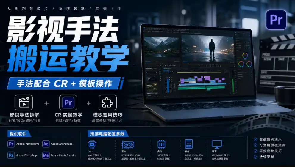 影视手法搬运教学,手法配合CR 模板操作,需要电脑,提供软件 配置参数