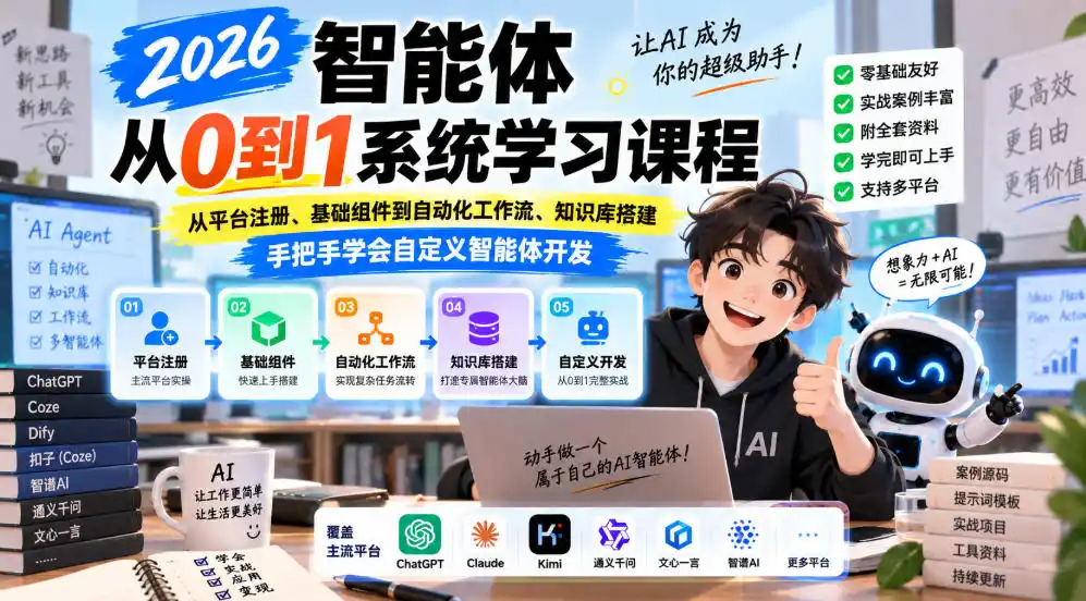 2026智能体从0到1系统学习课程，从平台注册、基础组件到自动化工作流、知识库搭建，手把手学会自定义智能体开发