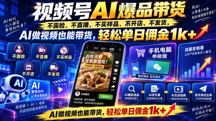 视频号Ai爆品带货,不露脸、不直播、不买样品、不开店、不发货,AI做视频也能带货,轻松单日佣金1k