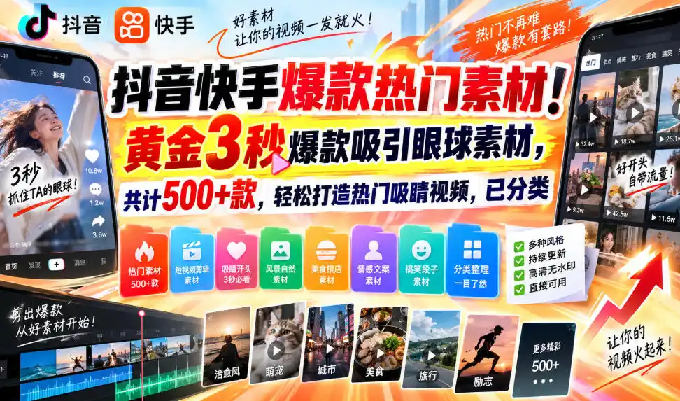抖音快手爆款热门素材！黄金3秒爆款吸引眼球素材，共计500 款，轻松打造热门吸睛视频，已分类