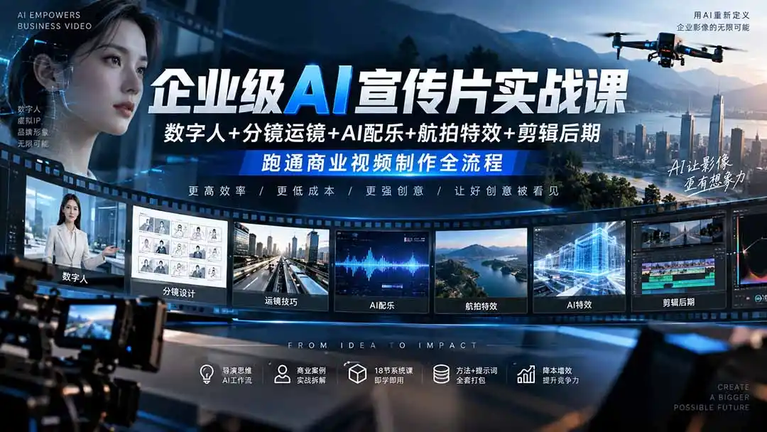 企业级AI宣传片实战课｜数字人 分镜运镜 AI配乐 航拍特效 剪辑后期，跑通商业视频制作全流程