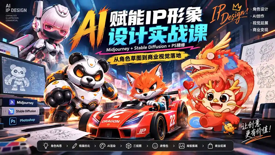 AI赋能IP形象设计实战课-无水印:Midjourney Stable Diffusion PS精修,从角色草图到商业视觉落地