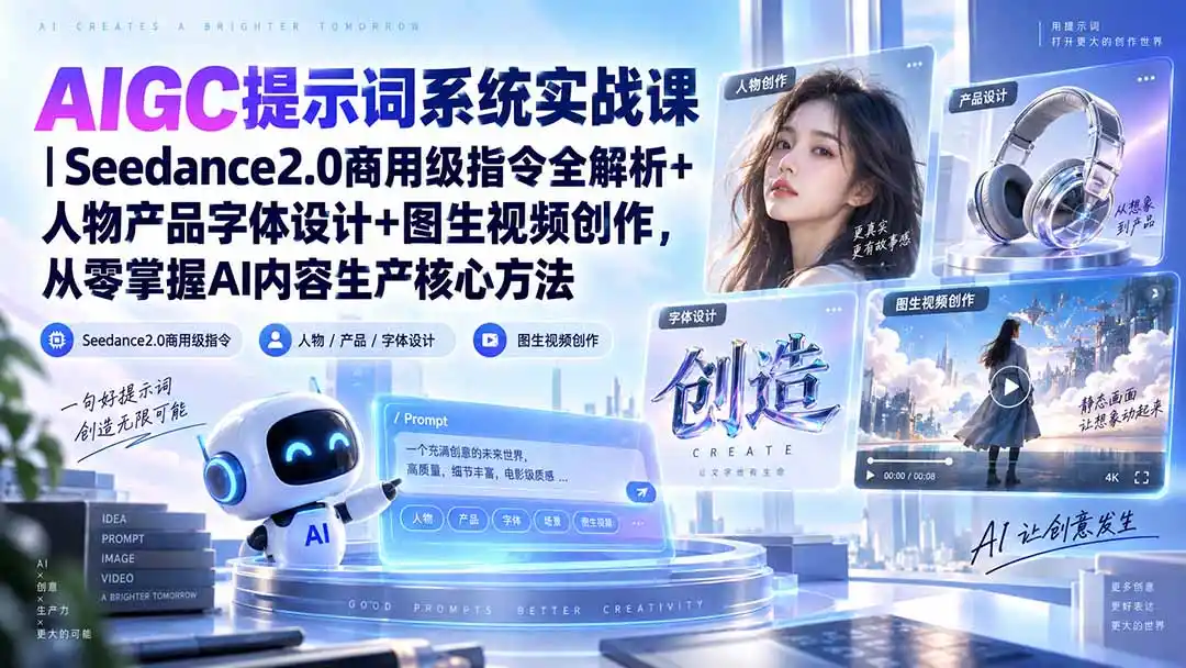 AIGC提示词系统实战课-无水印｜Seedance2.0商用级指令全解析 人物产品字体设计 图生视频创作，掌握AI内容生产方法