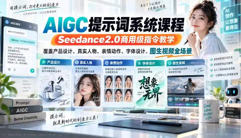 AIGC提示词系统课程，Seedance2.0商用级指令教学，覆盖产品设计、真实人物、表情动作、字体设计、图生视频全场景