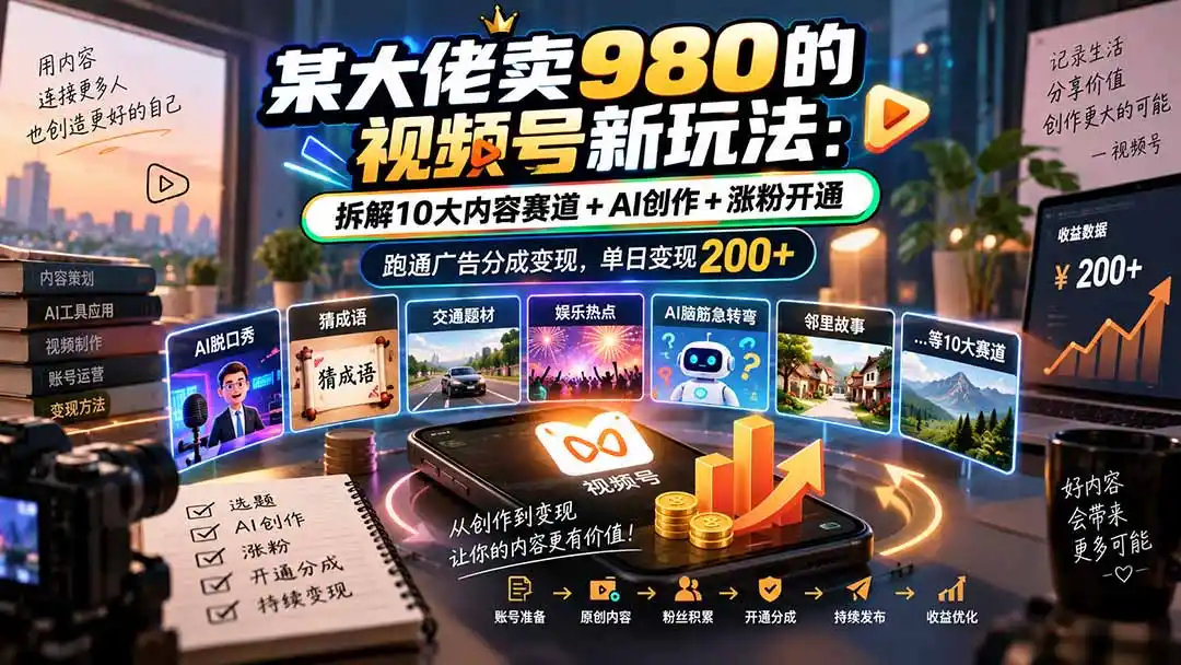 某大佬卖980的视频号新玩法:拆解10大内容赛道 AI创作 涨粉开通,跑通广告分成变现,单日变现200