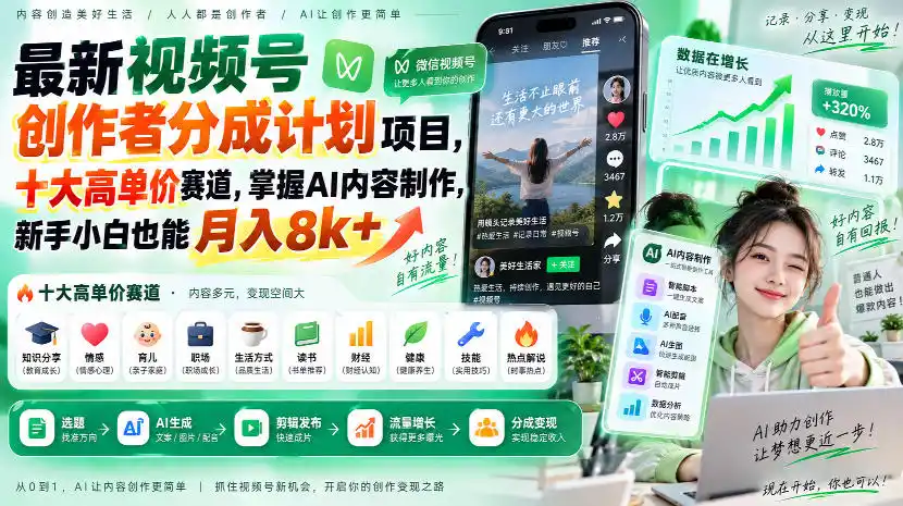 最新视频号创作者分成计划项目,十大高单价赛道,掌握AI内容制作,新手小白也能月入8k