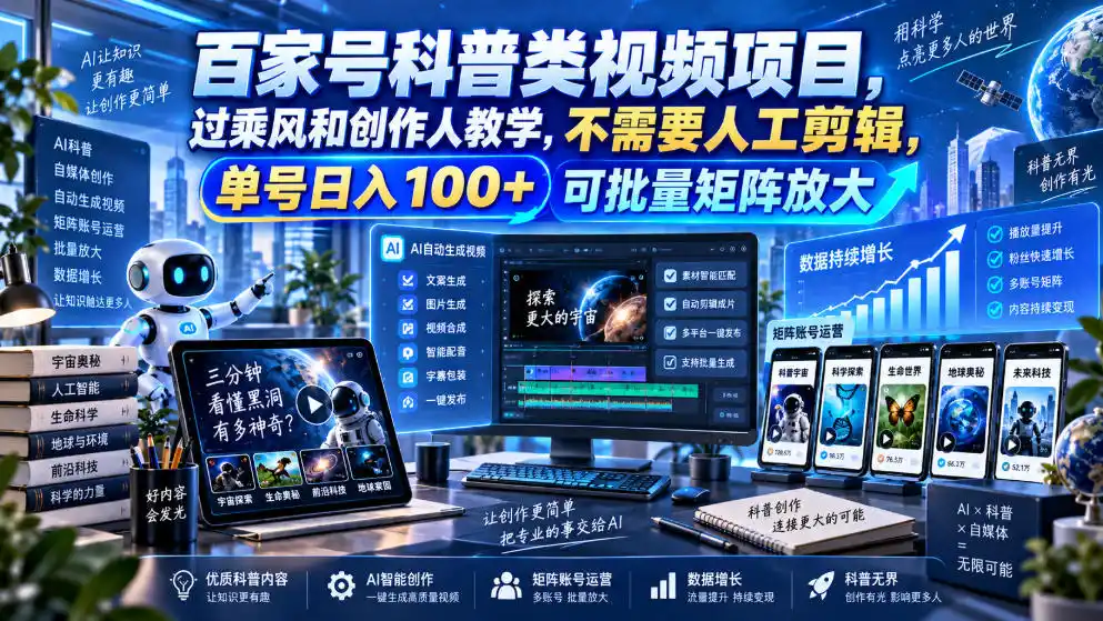 百家号科普类视频项目,过乘风和创作人教学,不需要人工剪辑,单号日入100 可批量矩阵放大
