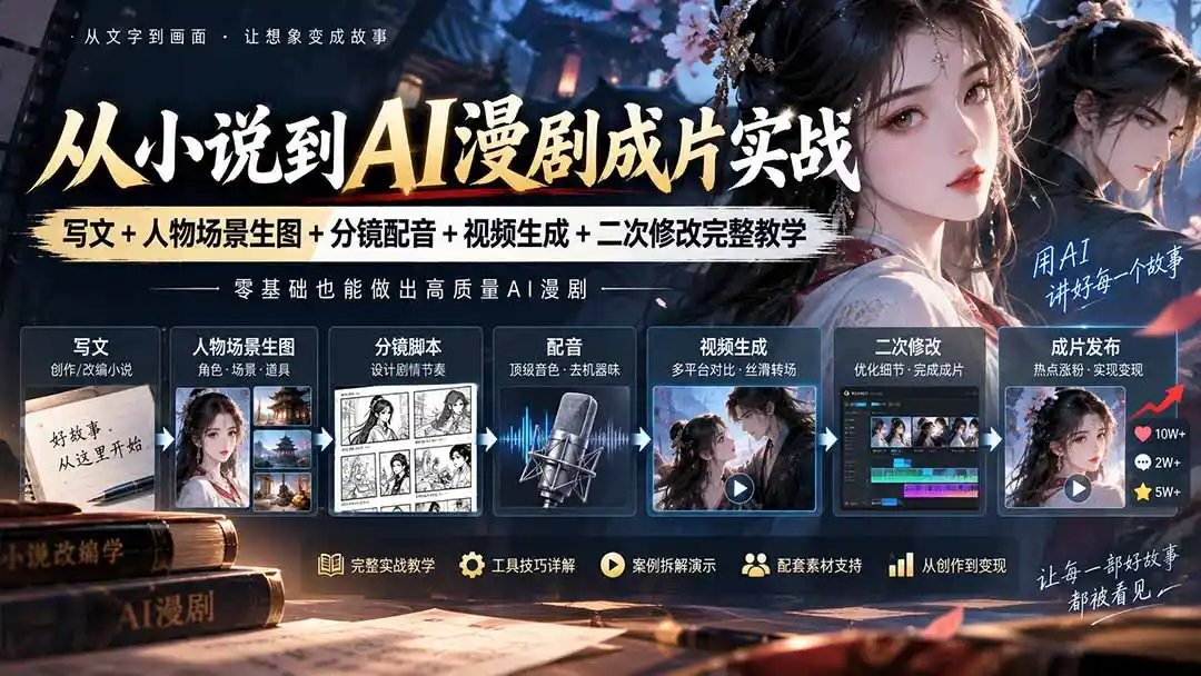 从小说到AI漫剧成片实战：写文 人物场景生图 分镜配音 视频生成 二次修改完整教学