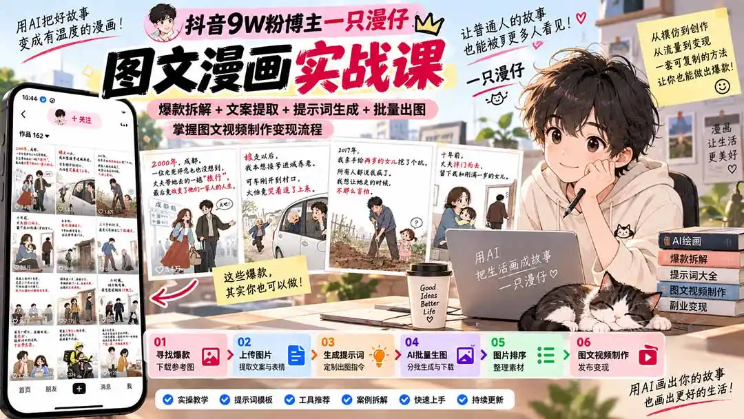 抖音9W粉博主一只漫仔图文漫画课:爆款拆解 文案提取 提示词生成 批量出图,掌握图文视频制作变现流程