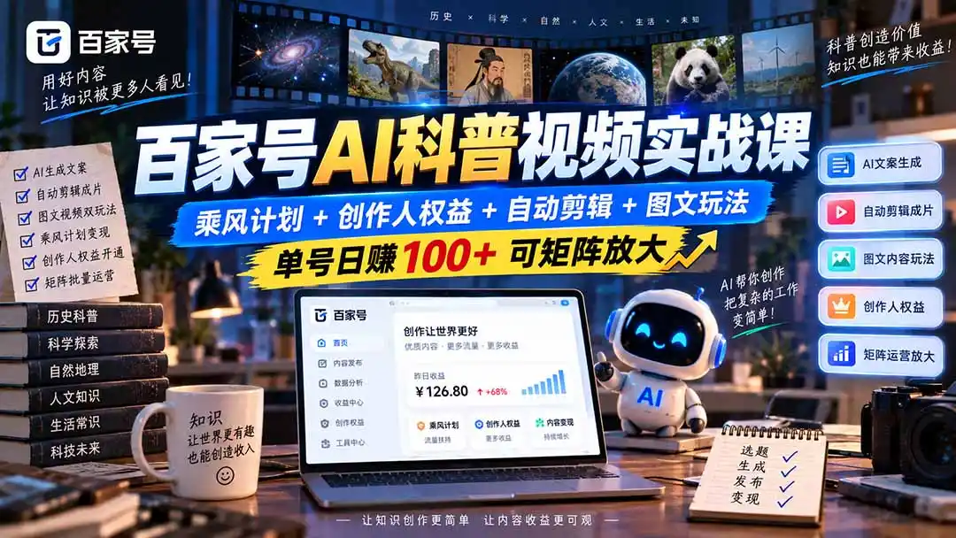 百家号AI科普视频实战课:乘风计划 创作人权益 自动剪辑 图文玩法,单号日赚100 可矩阵放大