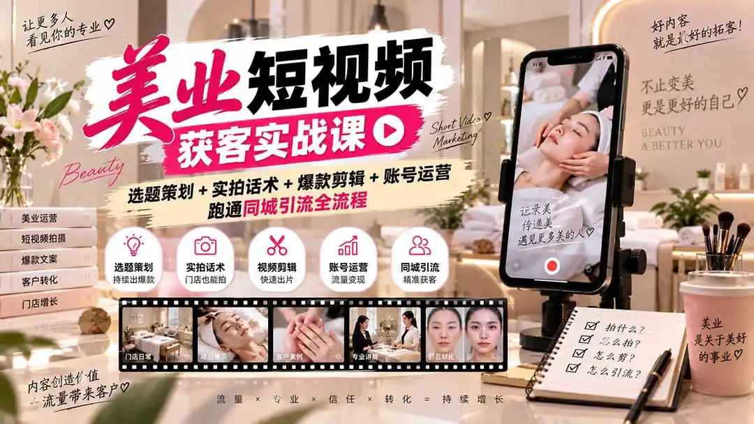 美业短视频获客实战课-无水印：选题策划 实拍话术 爆款剪辑 账号运营，跑通同城引流全流程