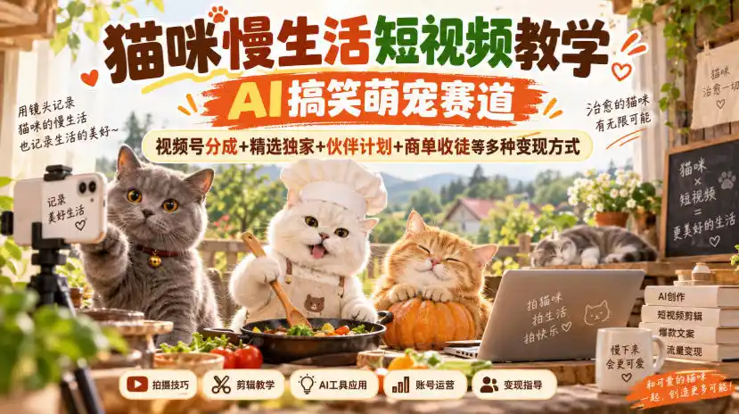 猫咪慢生活短视频教学,AI搞笑萌宠赛道,视频号分成 精选独家 伙伴计划 商单收徒等多种变现方式