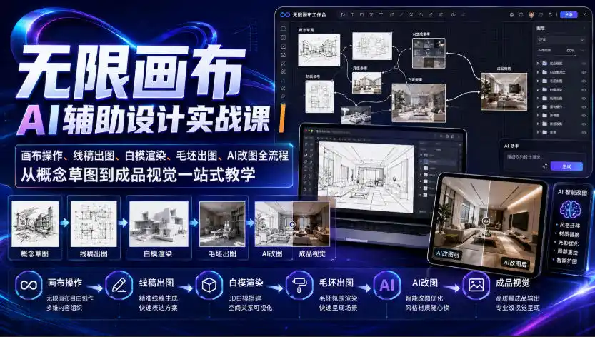 无限画布AI辅助设计实战课｜画布操作、线稿出图、白模渲染、毛坯出图、AI改图全流程，从概念草图到成品视觉一站式教学(更新0923)