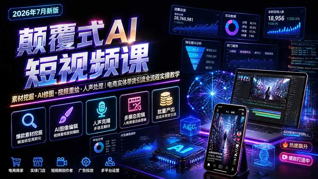颠覆式AI短视频课-更新|素材挖掘,AI修图,视频重绘,人声处理|电商实体带货引流全流程实操教学