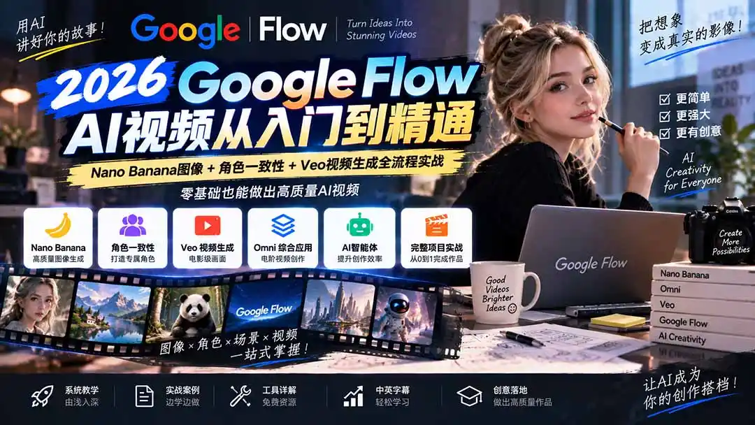 【无水印】Google Flow AI视频从入门到精通:Nano Banana图像 角色一致性 Veo视频生成全流程实战-精翻中英字幕