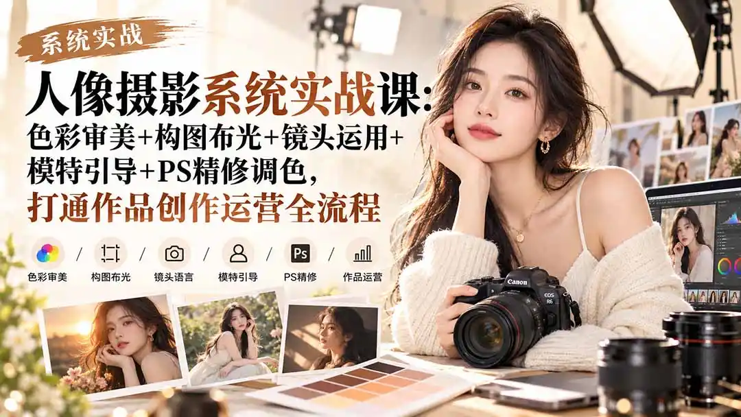 【无水印】人像摄影系统实战课:色彩审美 构图布光 镜头运用 模特引导 PS精修调色,打通作品创作运营全流程