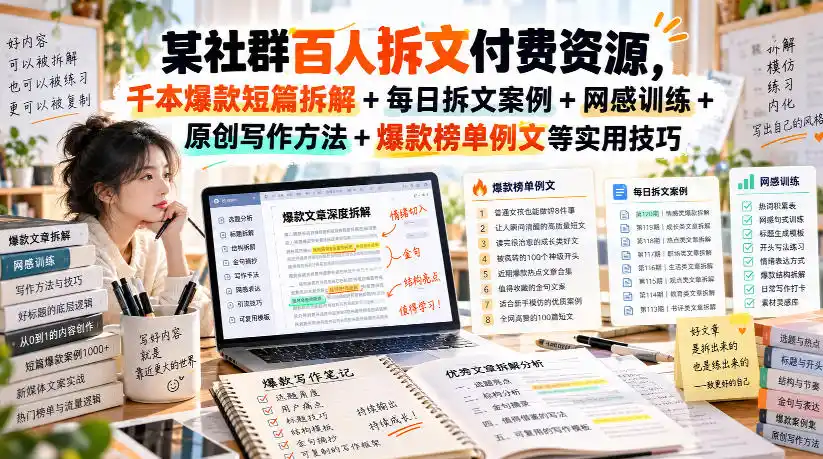 某社群百人拆文付费资源，千本爆款短篇拆解 每日拆文案例 网感训练 原创写作方法 爆款榜单例文等实用技巧(持续更新)
