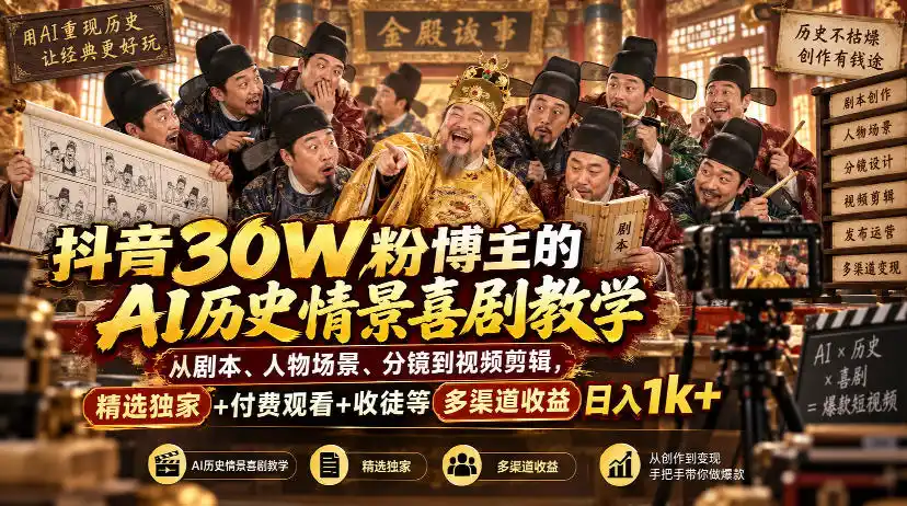 抖音30W粉博主的AI历史情景喜剧教学,从剧本、人物场景、分镜到视频剪辑,精选独家 付费观看 收徒等多渠道收益日入1k
