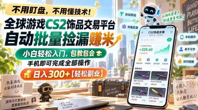 全球游戏CS2饰品交易平台自动批量捡漏賺米，小白轻松入门，包教包会，手机即可完成全部操作，日入300 【揭秘】