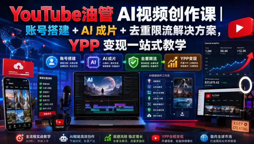 YouTube油管AI视频创作课|账号搭建 AI成片 去重限流解决方案,YPP变现一站式教学(更新0925)