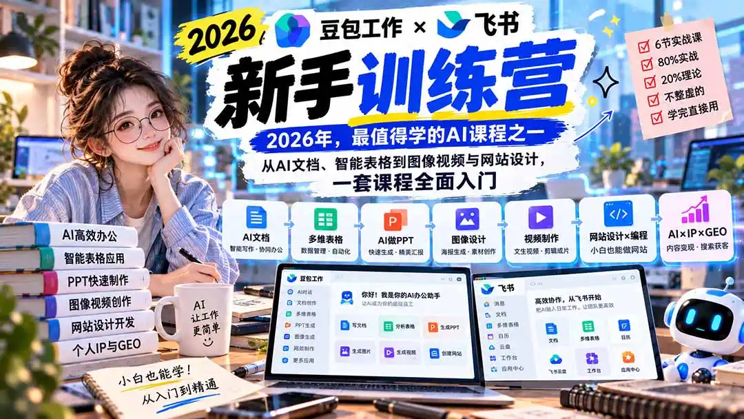 2026豆包工作 飞书新手训练营-9月新课：从AI文档、智能表格到图像视频与网站设计，一套课程全面入门