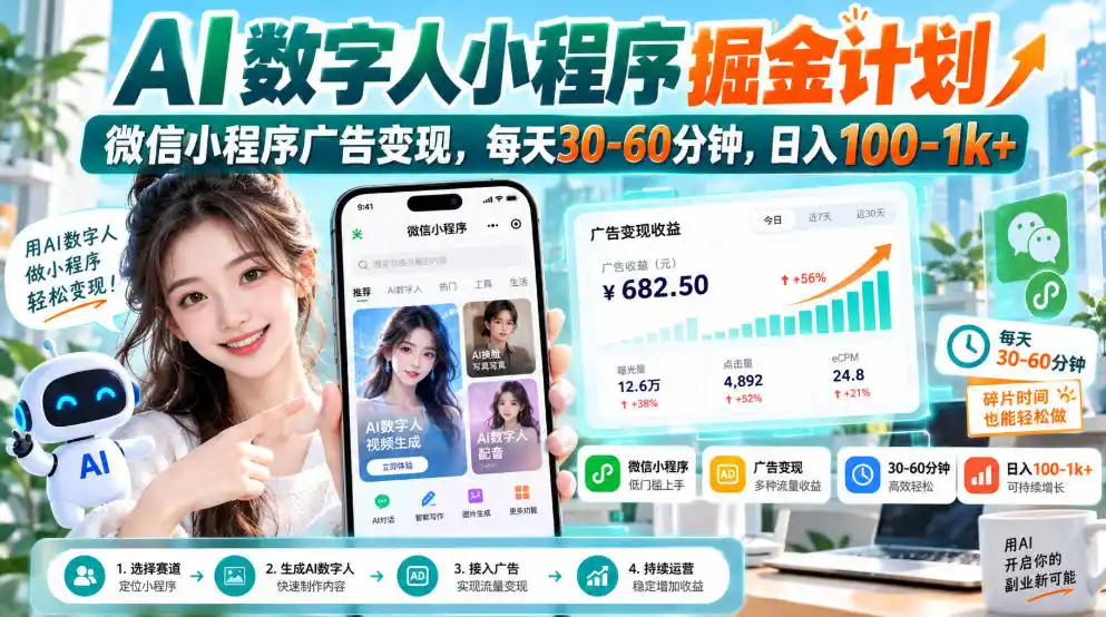 【无水印】AI数字人小程序掘金计划,微信小程序广告变现,每天30‑60分钟,日入100‑1k