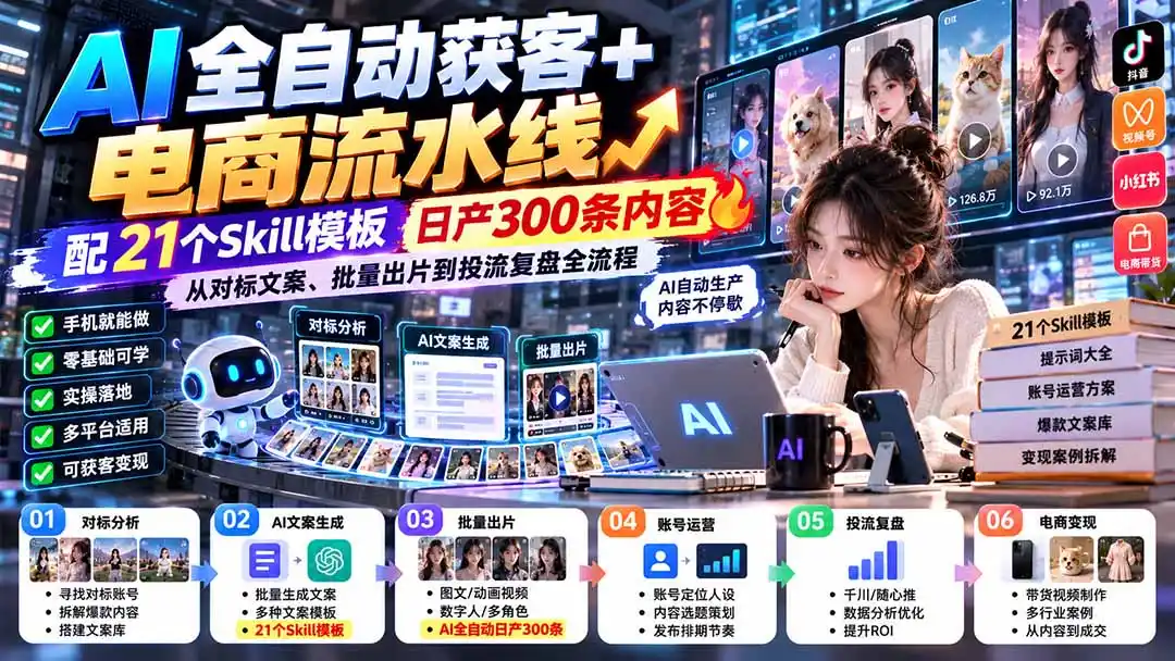 【无水印】AI全自动获客 电商流水线:配21个Skill模板,日产300条内容,从对标文案、批量出片到投流复盘全流程