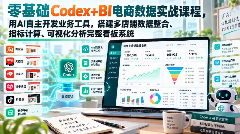 零基础Codex BI电商数据实战课程，用AI自主开发业务工具，搭建多店铺数据整合、指标计算、可视化分析完整看板系统