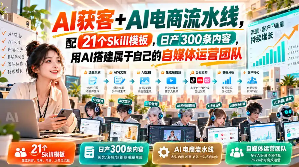 AI获客 AI电商流水线,配21个Skill模板,日产300条内容,用AI搭建属于自己的自媒体运营团队