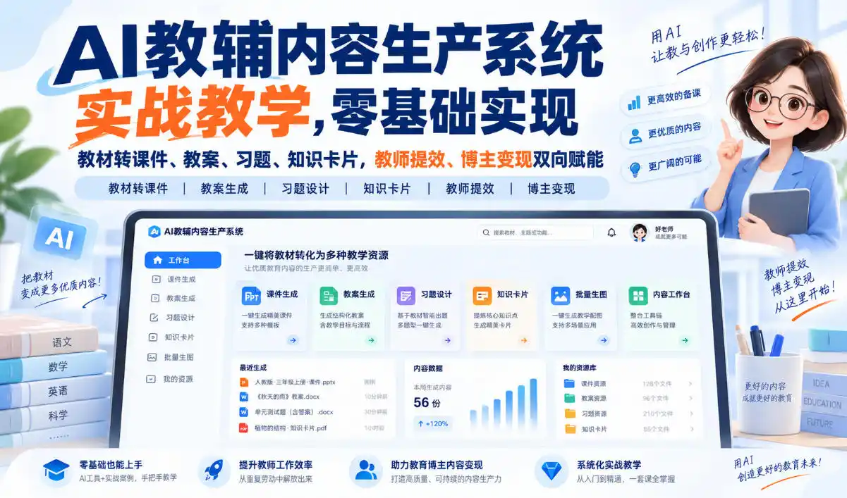 【无水印】AI教辅内容生产系统实战教学,零基础实现教材转课件、教案、习题、知识卡片,教师提效、博主变现双向赋能(更新0926)
