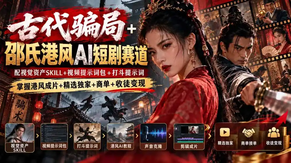 古代骗局 邵氏港风AI短剧赛道:配视觉资产SKILL 视频提示词包 打斗提示词,掌握港风成片 精选独家 商单 收徒变现